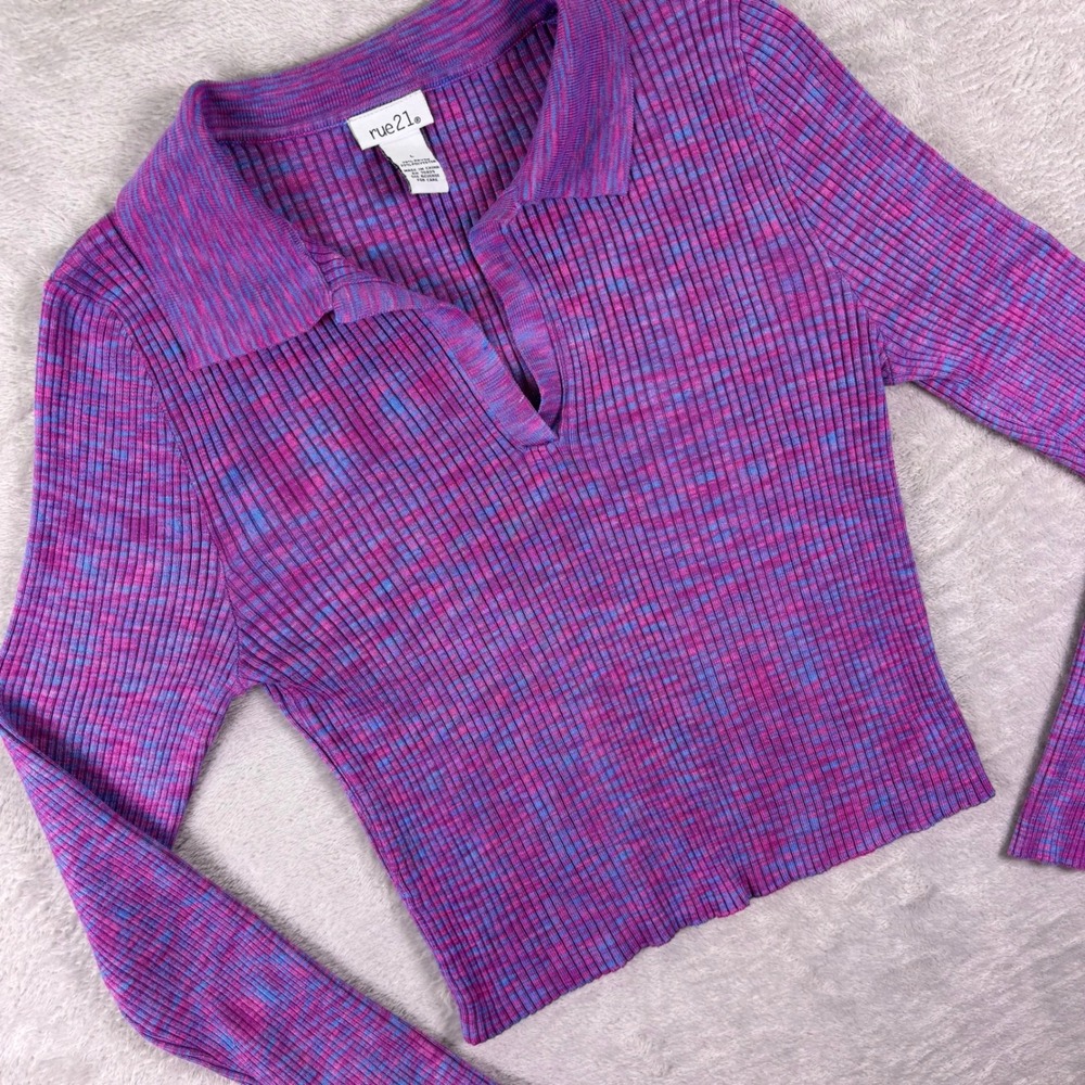 rue21 Women's‎ Ribbed Long Sleeve Collared Knit Top Size L Purple Pink Stretchy